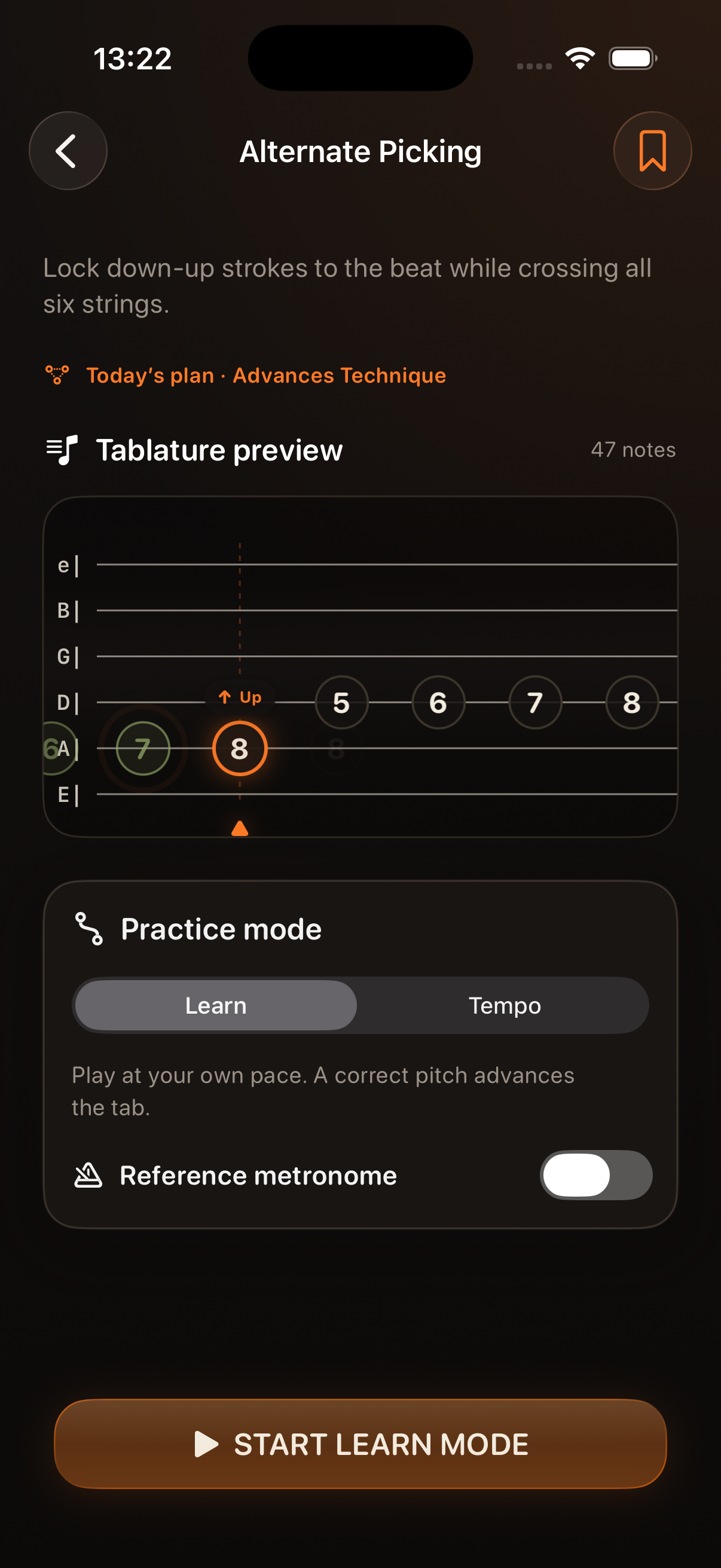 Daily Fret showing the real Alternate Picking exercise, tablature preview, practice modes, and metronome controls