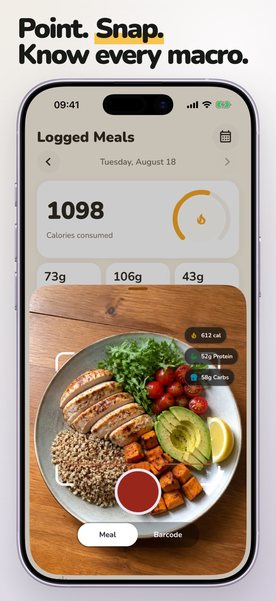 Current Fit Badger App Store screen showing photo-based calorie and macro tracking